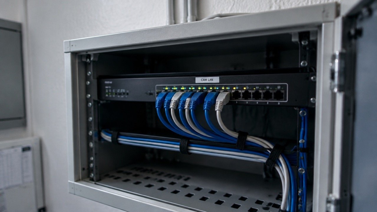 Switch mit Beschriftung CAM LAN, Patchkabel im Technikschrank