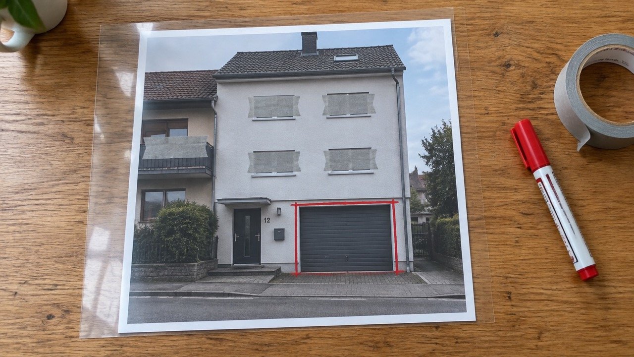 Fassadenfoto mit Folie, ein Rechteck auf dem Tor, graues Klebeband auf Fenstern und Nachbarbalkon