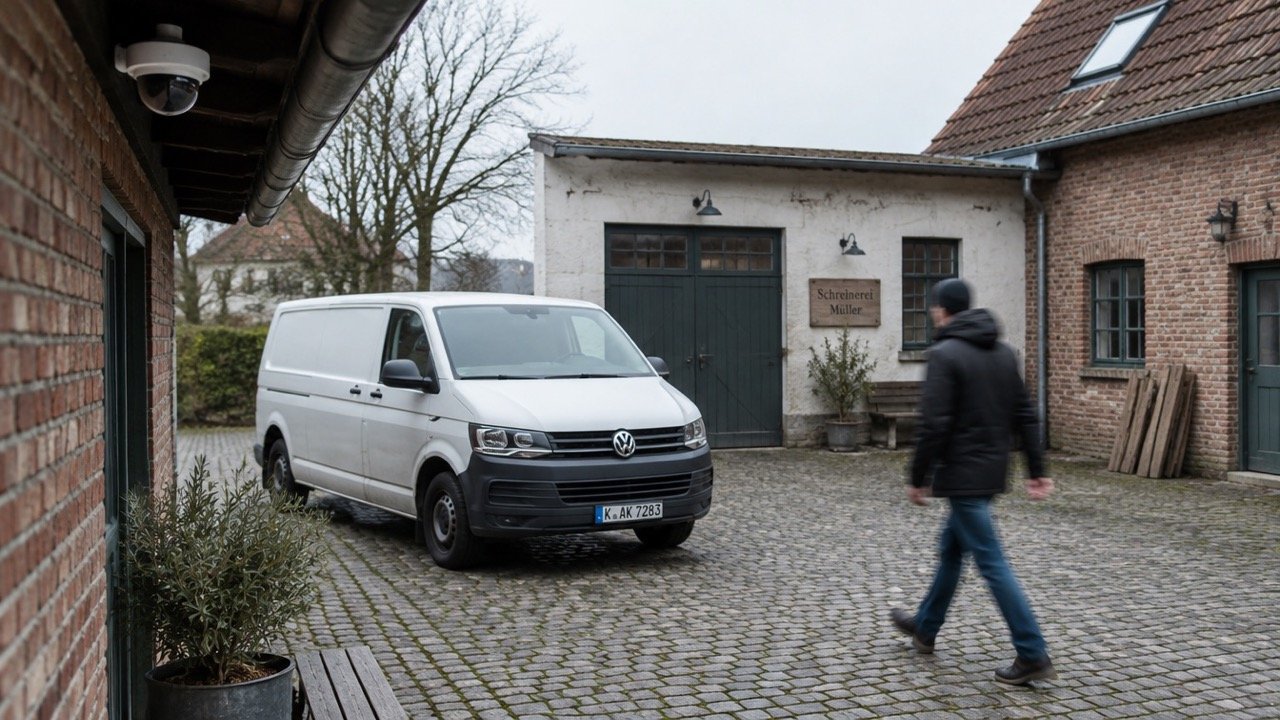 Gepflasterter Hof mit weißem Transporter, eine Person geht vorbei, Dome unter der Traufe