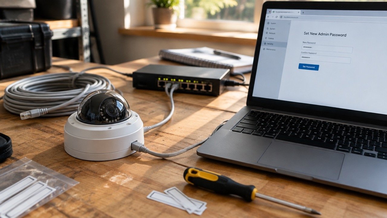 Inbetriebnahme auf der Werkbank: Dome, Kabel, Passwortformular am Laptop
