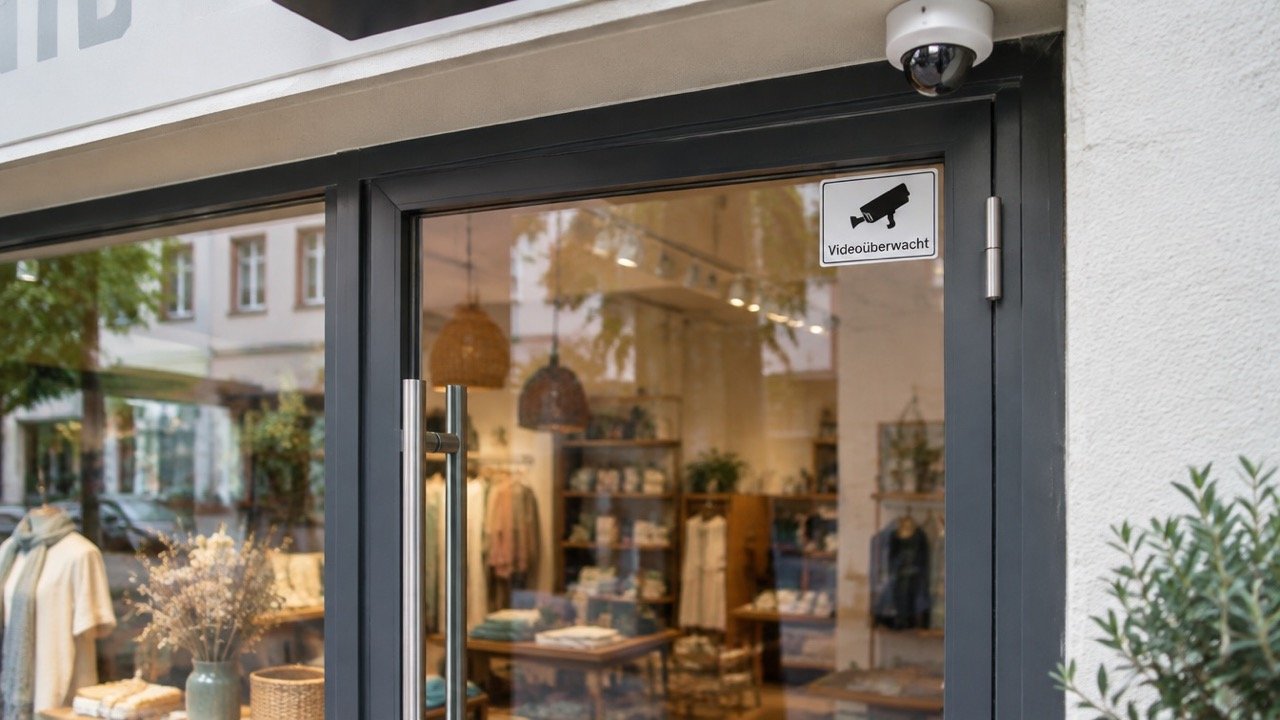 Glastür eines Ladens mit Video-Hinweisschild, Dome über dem Türsturz
