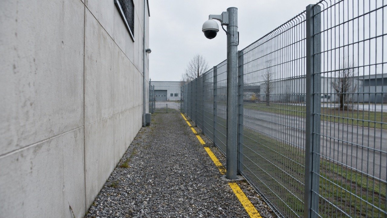 Kiesstreifen zwischen Mauer und Gitter, Dome am Mast, gelbe Bodenlinie