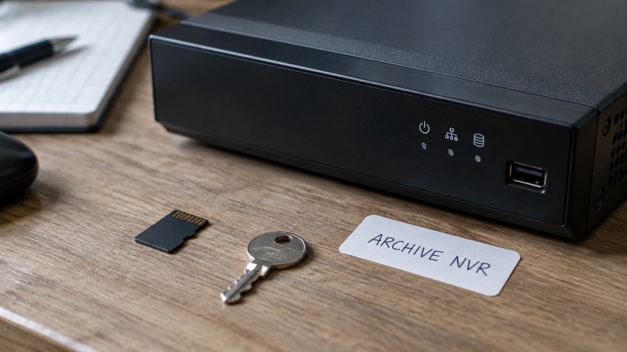 microSD-Karte neben einem Rekorder, Schlüssel und Etikett ARCHIVE NVR