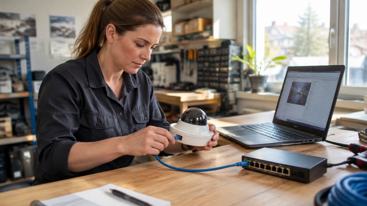 Technikerin richtet am Werktisch eine Kamera mit Switch und Kabel ein
