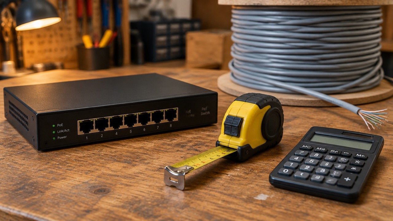 Switch, Maßband und Rechner auf der Werkbank