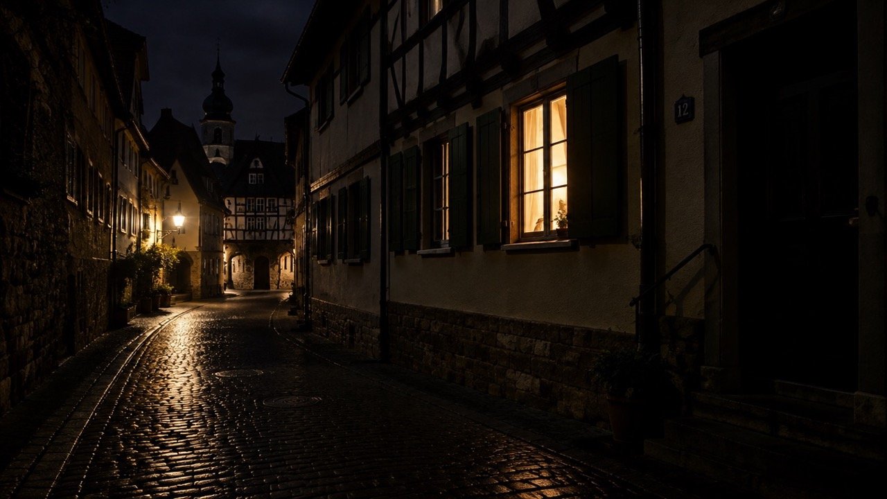 Gepflasterte Gasse bei Nacht, beleuchtetes Fenster im Schatten