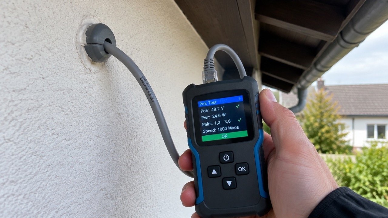 Kabeleinführung unter einer Traufe, Cat.-6-Kabel und PoE-Tester