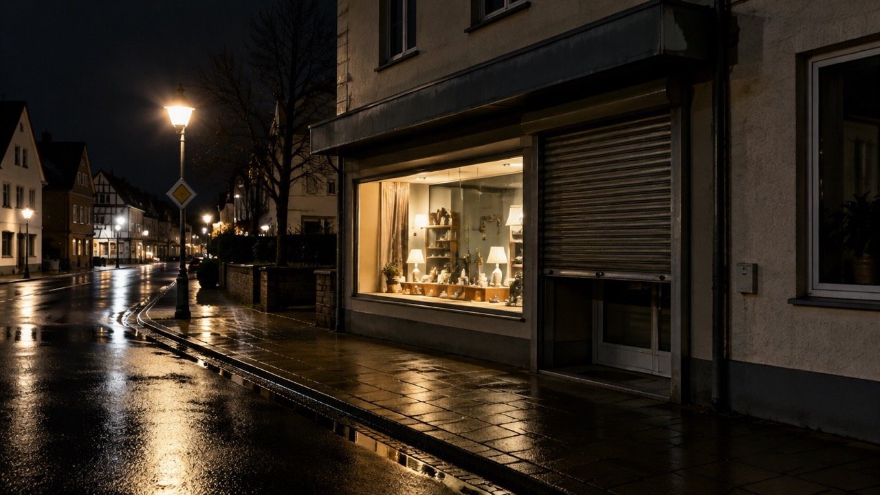 Beleuchtetes Schaufenster in einer dunklen Gasse