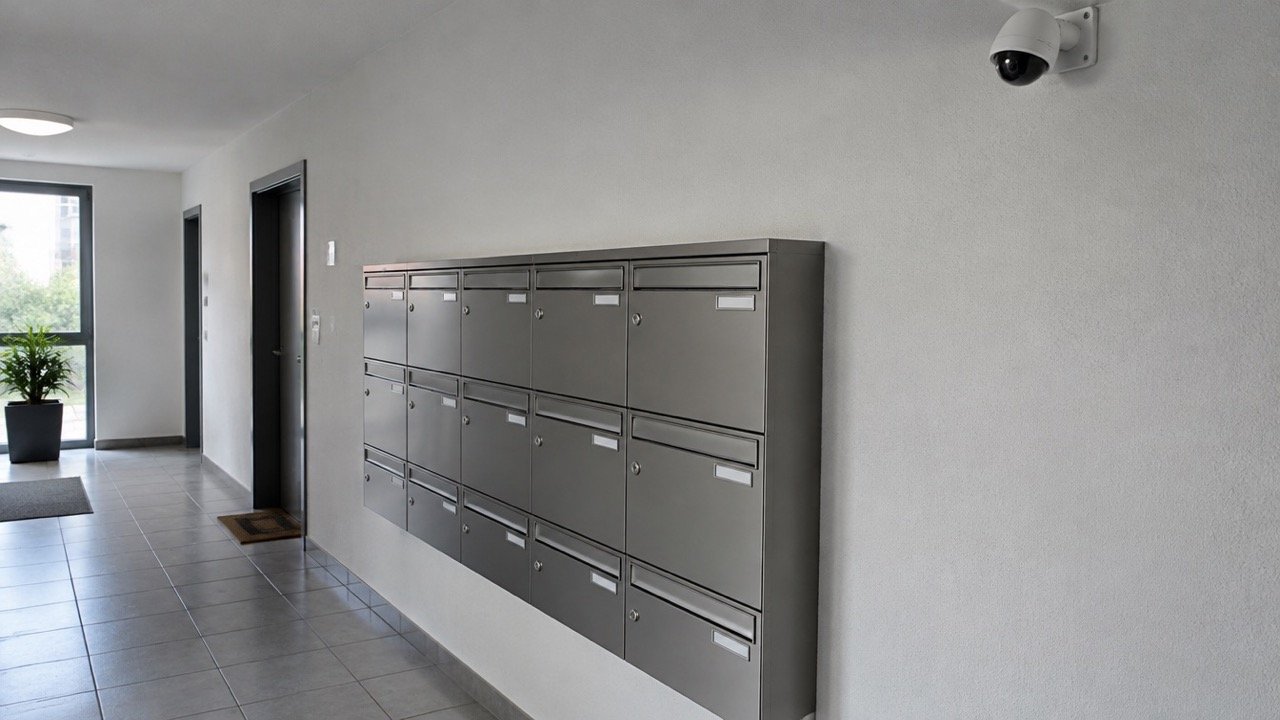 Hausflur, Dome auf die Briefkästen gerichtet, nicht auf die Wohnungstüren