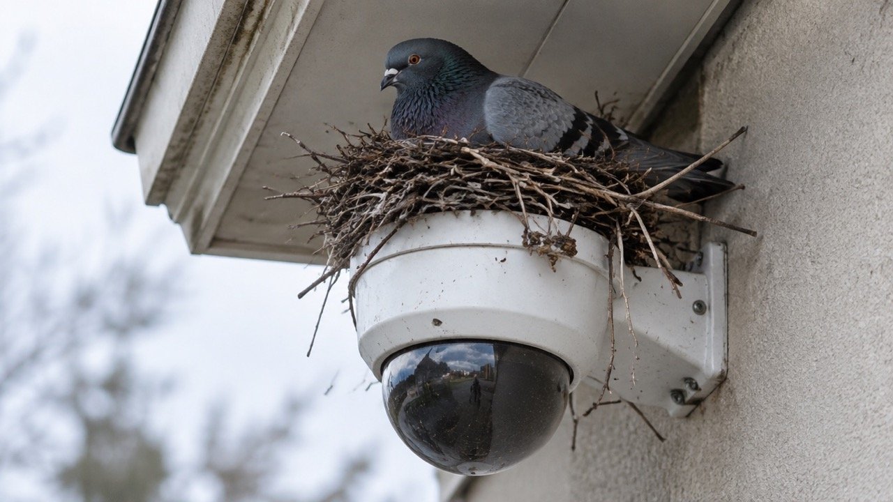 Taube mit Nest auf einer Domekamera