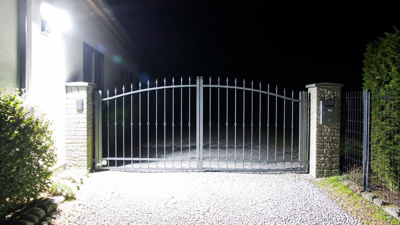 Tor bei Nacht: ein Strahler überstrahlt den Vordergrund, der Weg dahinter liegt im Dunkeln