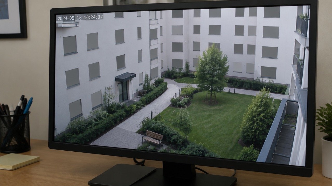 Monitor: Hof scharf abgebildet, Nachbarfenster durch undurchsichtige Zonen maskiert
